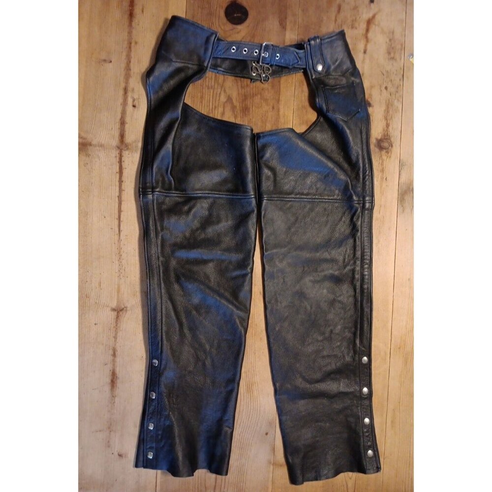 Leather Gallery Men’s L Motorcycle Chaps Black Moto Buckle Zip Snap 34"